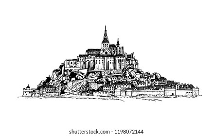 Graphical Mont Saint -Michel medieval castle isolated on white, French sightseeing,vector