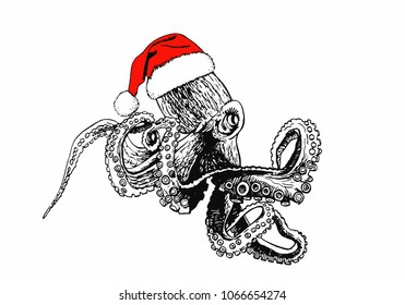Graphical octopus in Santa Claus hat isolated on white background,vector