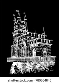 Graphical old castle isolated on black background,vector sketch of swallow's nest in Crimea island,sightseeing