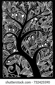 Graphical ornamental tree isolated on black background, vector illustration