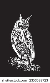 Graphical owl isolated on black,vector illustration. Nightbird,symbol of wise and education
