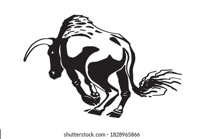 Graphical ox jumping isolated on white background, vector ink pen illustration, mammal animal