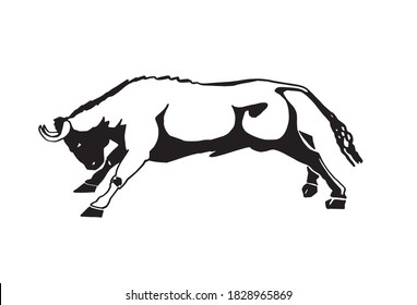 Graphical ox jumping isolated on white background, vector ink pen illustration, mammal animal