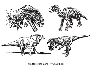 Graphical paleontological collection, hand-drawn dinosaurs isolated on white background