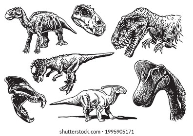 Graphical paleontological collection, hand-drawn dinosaurs isolated on white background