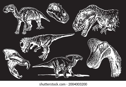 Graphical paleontological collection, hand-drawn dinosaurs isolated on black background 
