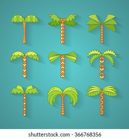 Graphical palm tree set, flat multicolor, vector objects with shadows