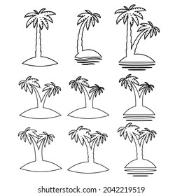 Graphical palm tree set, linear style, isolated objects