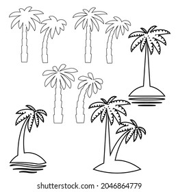 Graphical palm tree set, linear style, isolated objects