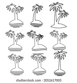 Graphical palm tree set, linear style, isolated objects
