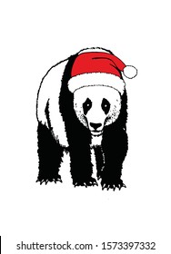 Graphical panda in Santa Claus hat isolated on white background,vector illustration