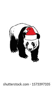 Graphical panda in Santa Claus hat isolated on white background,vector illustration