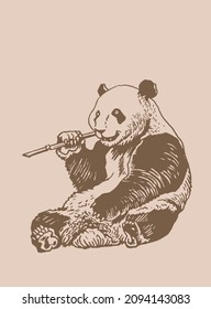Graphical panda sits and eats bamboo branch,vector vintage illustration 