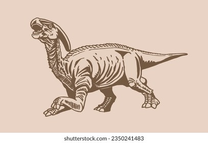 Graphical Parasaurolophus on sepia background,vintage vector illustration of dinosaur