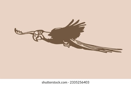 Graphical parrot  flying on sepia background,vector element of bird.Ink pen parrot