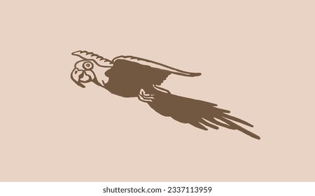 Graphical parrot  flying on sepia background,vector element of bird.Ink pen parrot