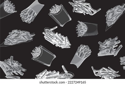  Graphical pattern with  french fries on black background, stylish food cover for fabric, postcards, wallpapers,graphical vector illustration. Fast food and menu background design