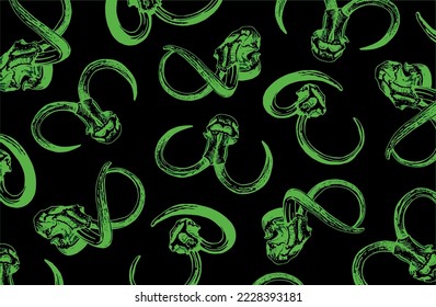 Graphical pattern with green skull of mammoth on black background. Vector wallpaper paleontology