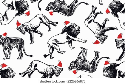 Graphical pattern with lions in Santa Claus hats on white background. Vector Christmas background