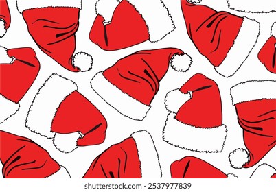 Padrão gráfico com chapéus vermelhos do Papai Noel sobre fundo branco, ilustração vetorial, design de papel de parede