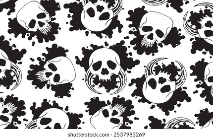 Graphical pattern with spooky human skulls on white background, wallpaper design. Halloween day cover