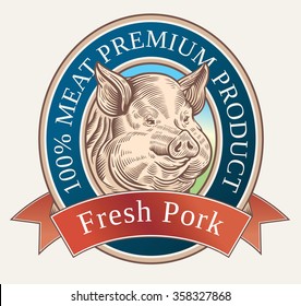 Graphical pig, is depicted in the engraving style of in label design.