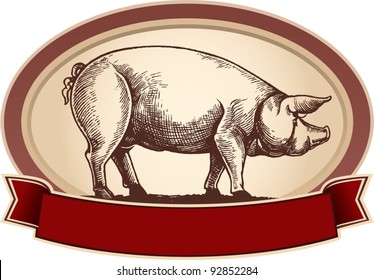 Graphical pig, in frame with ribbon