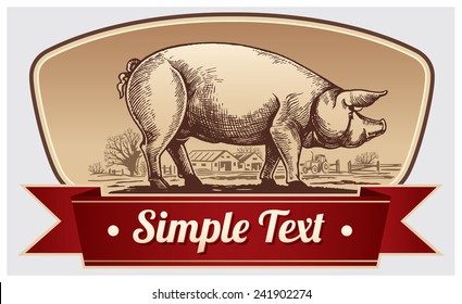 Graphical pig and rural landscape in a frame.