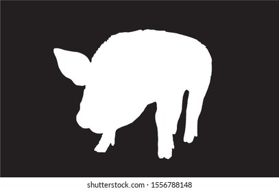 Graphical pig silhouette isolated on black background, vector engraved illustration