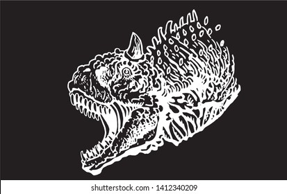 Graphical portrait of angry albertosaurus isolated on black background,vector sketch for tattoo and printing