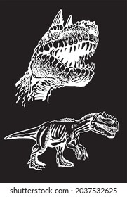 Graphical portrait of Carnotaurus and tyrannosaurus isolated on black background