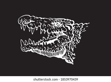 Graphical portrait of crocodile isolated on black background, vector illustration