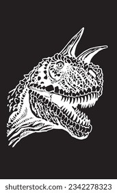 graphical portrait of cryolophosaurus isolated on black,vector engraved illustration,dinosaur