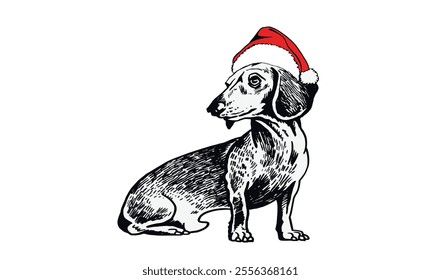 Graphical portrait of dachshund dog in red Santa Claus hat  isolated on white bakground, vector illustration	