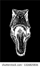 Graphical portrait of dinosaur isolated on black,vector engraved illustration