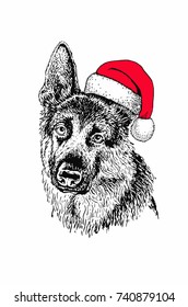 
Graphical portrait of german sheep-heard in Santa Claus hat isolated on white background,vector new year illustration