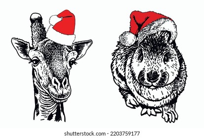 Graphical portrait of giraffe  and bnny sitting in Santa Claus hats isolated on white background,vector new year illustration 