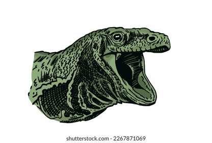Retrato gráfico del varan verde aislado en fondo blanco, ilustración de color lagarto