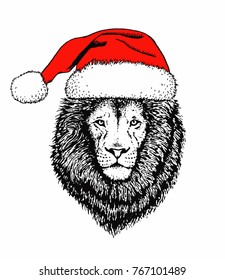 Graphical portrait of lion in Santa Claus hat isolated on white background,vector illustration for printing
