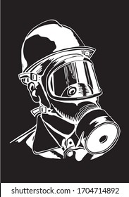 Graphical portrait of man in gas mask and protective glasses isolated on black background, vector engraved illustration	