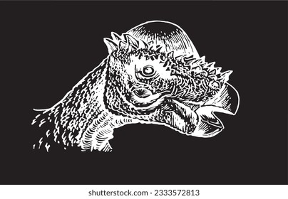 graphical portrait of Pachycephalosaurus isolated on black,vector engraved illustration,dinosaur