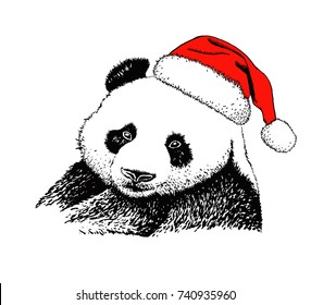 Graphical portrait of panda in Santa Claus hat  ,kind face.Vector new year illustration