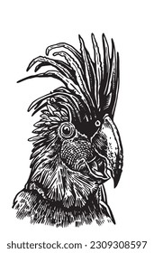 Graphical portrait of parrot cockatoo isolated on white,vector element of bird.Ink pen parrot