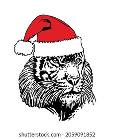 Graphical portrait of tiger in Santa Claus hat on white background,symbol of new year 2022