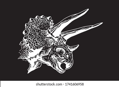 Graphical portrait of triceratops isolated on black background, vector engraved illustration, dinosaur