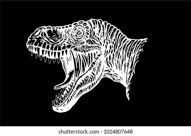 graphical portrait of tyrannosaur isolated on black background, vector illustration