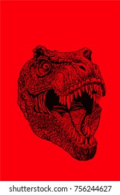 Graphical portrait of tyrannosaur roaring on red background,vector pop art illustration