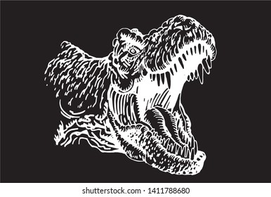 Graphical portrait of tyrannosaurus isolated on black background,vector engraved illustration