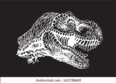 Graphical portrait of tyrannosaurus isolated on black background,vector engraved illustration