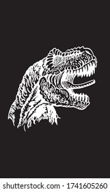 Graphical portrait of tyrannosaurus isolated on black background, vector engraved illustration, dinosaur